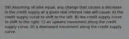 59) Assuming all else equal, any change that causes a decrease in the credit supply at a given real interest rate will cause: A) the credit supply curve to shift to the left. B) the credit supply curve to shift to the right. C) an upward movement along the credit supply curve. D) a downward movement along the credit supply curve.