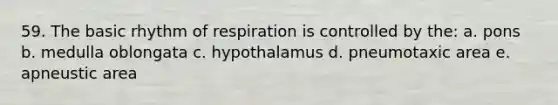 59. The basic rhythm of respiration is controlled by the: a. pons b. medulla oblongata c. hypothalamus d. pneumotaxic area e. apneustic area