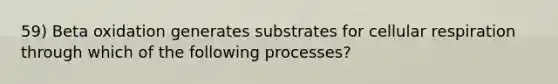 59) Beta oxidation generates substrates for <a href='https://www.questionai.com/knowledge/k1IqNYBAJw-cellular-respiration' class='anchor-knowledge'>cellular respiration</a> through which of the following processes?