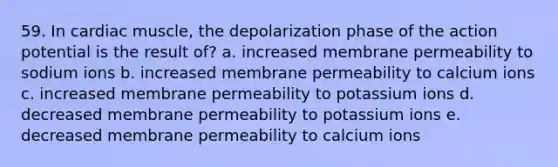 59. In cardiac muscle, the depolarization phase of the action potential is the result of? a. increased membrane permeability to sodium ions b. increased membrane permeability to calcium ions c. increased membrane permeability to potassium ions d. decreased membrane permeability to potassium ions e. decreased membrane permeability to calcium ions