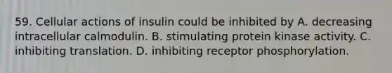 59. Cellular actions of insulin could be inhibited by A. decreasing intracellular calmodulin. B. stimulating protein kinase activity. C. inhibiting translation. D. inhibiting receptor phosphorylation.