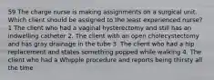 59 The charge nurse is making assignments on a surgical unit. Which client should be assigned to the least experienced nurse? 1 The client who had a vaginal hysterectomy and still has an indwelling catheter 2. The client with an open cholecystectomy and has gray drainage in the tube 3. The client who had a hip replacement and states something popped while walking 4. The client who had a Whipple procedure and reports being thirsty all the time