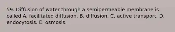 59. Diffusion of water through a semipermeable membrane is called A. facilitated diffusion. B. diffusion. C. active transport. D. endocytosis. E. osmosis.