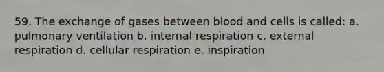 59. The exchange of gases between blood and cells is called: a. pulmonary ventilation b. internal respiration c. external respiration d. cellular respiration e. inspiration