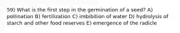 59) What is the first step in the germination of a seed? A) pollination B) fertilization C) imbibition of water D) hydrolysis of starch and other food reserves E) emergence of the radicle