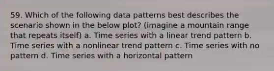 59. Which of the following data patterns best describes the scenario shown in the below plot? (imagine a mountain range that repeats itself) a. Time series with a linear trend pattern b. Time series with a nonlinear trend pattern c. Time series with no pattern d. Time series with a horizontal pattern