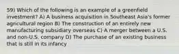 59) Which of the following is an example of a greenfield investment? A) A business acquisition in Southeast Asia's former agricultural region B) The construction of an entirely new manufacturing subsidiary overseas C) A merger between a U.S. and non-U.S. company D) The purchase of an existing business that is still in its infancy