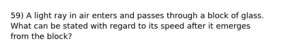 59) A light ray in air enters and passes through a block of glass. What can be stated with regard to its speed after it emerges from the block?