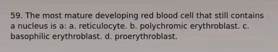 59. The most mature developing red blood cell that still contains a nucleus is a: a. reticulocyte. b. polychromic erythroblast. c. basophilic erythroblast. d. proerythroblast.