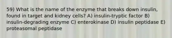 59) What is the name of the enzyme that breaks down insulin, found in target and kidney cells? A) insulin-tryptic factor B) insulin-degrading enzyme C) enterokinase D) insulin peptidase E) proteasomal peptidase