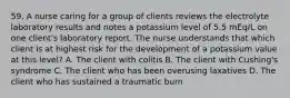 59. A nurse caring for a group of clients reviews the electrolyte laboratory results and notes a potassium level of 5.5 mEq/L on one client's laboratory report. The nurse understands that which client is at highest risk for the development of a potassium value at this level? A. The client with colitis B. The client with Cushing's syndrome C. The client who has been overusing laxatives D. The client who has sustained a traumatic burn