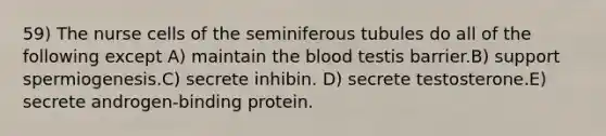 59) The nurse cells of the seminiferous tubules do all of the following except A) maintain the blood testis barrier.B) support spermiogenesis.C) secrete inhibin. D) secrete testosterone.E) secrete androgen-binding protein.