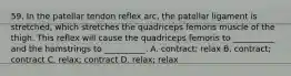 59. In the patellar tendon reflex arc, the patellar ligament is stretched, which stretches the quadriceps femoris muscle of the thigh. This reflex will cause the quadriceps femoris to __________ and the hamstrings to __________. A. contract; relax B. contract; contract C. relax; contract D. relax; relax