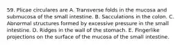 59. Plicae circulares are A. Transverse folds in the mucosa and submucosa of the small intestine. B. Sacculations in the colon. C. Abnormal structures formed by excessive pressure in the small intestine. D. Ridges in the wall of the stomach. E. Fingerlike projections on the surface of the mucosa of the small intestine.