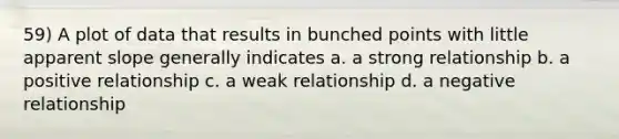 59) A plot of data that results in bunched points with little apparent slope generally indicates a. a strong relationship b. a positive relationship c. a weak relationship d. a negative relationship