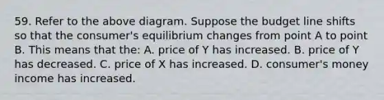 59. Refer to the above diagram. Suppose the budget line shifts so that the consumer's equilibrium changes from point A to point B. This means that the: A. price of Y has increased. B. price of Y has decreased. C. price of X has increased. D. consumer's money income has increased.