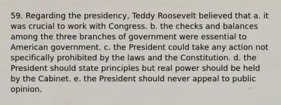 59. Regarding the presidency, Teddy Roosevelt believed that a. it was crucial to work with Congress. b. the checks and balances among the three branches of government were essential to American government. c. the President could take any action not specifically prohibited by the laws and the Constitution. d. the President should state principles but real power should be held by the Cabinet. e. the President should never appeal to public opinion.