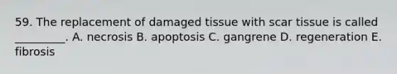 59. The replacement of damaged tissue with scar tissue is called _________. A. necrosis B. apoptosis C. gangrene D. regeneration E. fibrosis