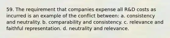 59. The requirement that companies expense all R&D costs as incurred is an example of the conflict between: a. consistency and neutrality. b. comparability and consistency. c. relevance and faithful representation. d. neutrality and relevance.