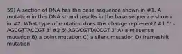 59) A section of DNA has the base sequence shown in #1. A mutation in this DNA strand results in the base sequence shown in #2. What type of mutation does this change represent? #1 5' - AGCGTTACCGT-3' #2 5'-AGGCGTTACCGT-3' A) a missense mutation B) a point mutation C) a silent mutation D) frameshift mutation