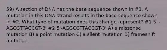 59) A section of DNA has the base sequence shown in #1. A mutation in this DNA strand results in the base sequence shown in #2. What type of mutation does this change represent? #1 5' - AGCGTTACCGT-3' #2 5'-AGGCGTTACCGT-3' A) a missense mutation B) a point mutation C) a silent mutation D) frameshift mutation