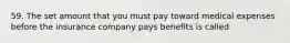 59. The set amount that you must pay toward medical expenses before the insurance company pays benefits is called