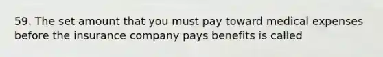 59. The set amount that you must pay toward medical expenses before the insurance company pays benefits is called