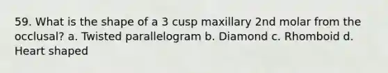 59. What is the shape of a 3 cusp maxillary 2nd molar from the occlusal? a. Twisted parallelogram b. Diamond c. Rhomboid d. Heart shaped