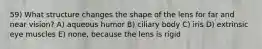 59) What structure changes the shape of the lens for far and near vision? A) aqueous humor B) ciliary body C) iris D) extrinsic eye muscles E) none, because the lens is rigid