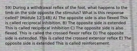 59) During a withdrawal reflex of the foot, what happens to the limb on the side opposite the stimulus? What is this response called? (Module 12 14B) A) The opposite side is also flexed This is called reciprocal inhibition. B) The opposite side is extended This is called reciprocal inhibition C) The opposite side is also flexed. This is called the crossed flexor reflex D) The opposite side is extended. This is called the crossed extensor reflex E) The opposite side is extended This is called reinforcement.