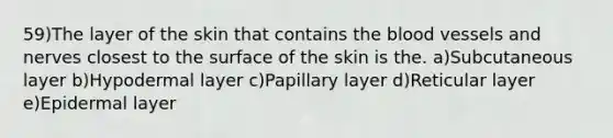 59)The layer of the skin that contains <a href='https://www.questionai.com/knowledge/k7oXMfj7lk-the-blood' class='anchor-knowledge'>the blood</a> vessels and nerves closest to the surface of the skin is the. a)Subcutaneous layer b)Hypodermal layer c)Papillary layer d)Reticular layer e)Epidermal layer