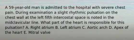 A 59-year-old man is admitted to the hospital with severe chest pain. During examination a slight rhythmic pulsation on the chest wall at the left fifth intercostal space is noted in the midclavicular line. What part of the heart is responsible for this pulsation? A. Right atrium B. Left atrium C. Aortic arch D. Apex of the heart E. Mitral valve