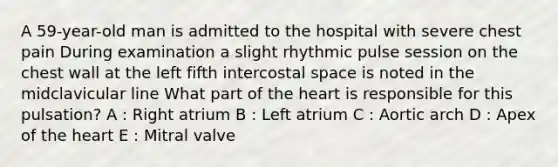 A 59-year-old man is admitted to the hospital with severe chest pain During examination a slight rhythmic pulse session on the chest wall at the left fifth intercostal space is noted in the midclavicular line What part of the heart is responsible for this pulsation? A : Right atrium B : Left atrium C : Aortic arch D : Apex of the heart E : Mitral valve