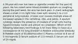 A 59-year-old man has been a cigarette smoker for the past 42 years. He has noted some blood-streaked sputum on coughing during the past week. He also has back pain. A chest radiograph shows a small 3 cm right hilar mass with several 1 to 2 cm peripheral lung nodules. A bone scan reveals multiple areas of increased uptake in the vertebrae, ribs, and pelvis. A sputum cytology reveals the presence of clusters of small cells having hyperchromatic nuclei and almost no cytoplasm. Which of the following laboratory test findings is he most likely to have as a consequence of his lung disease? A Positive antinuclear antibody B Platelet count of 55,000/microliter C Plasma cortisol at 8 am of 5 microgm/dL D Serum sodium of 113 mmol/L E Serum uric acid of 14 mg/dL