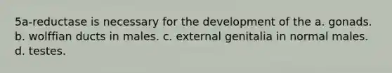 5a-reductase is necessary for the development of the a. gonads. b. wolffian ducts in males. c. external genitalia in normal males. d. testes.