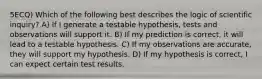 5ECQ) Which of the following best describes the logic of scientific inquiry? A) If I generate a testable hypothesis, tests and observations will support it. B) If my prediction is correct, it will lead to a testable hypothesis. C) If my observations are accurate, they will support my hypothesis. D) If my hypothesis is correct, I can expect certain test results.