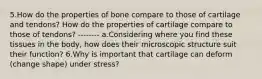 5.How do the properties of bone compare to those of cartilage and tendons? How do the properties of cartilage compare to those of tendons? -------- a.Considering where you find these tissues in the body, how does their microscopic structure suit their function? 6.Why is important that cartilage can deform (change shape) under stress?