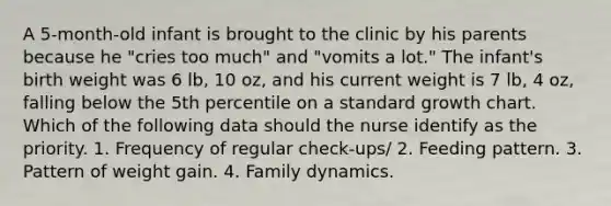 A 5-month-old infant is brought to the clinic by his parents because he "cries too much" and "vomits a lot." The infant's birth weight was 6 lb, 10 oz, and his current weight is 7 lb, 4 oz, falling below the 5th percentile on a standard growth chart. Which of the following data should the nurse identify as the priority. 1. Frequency of regular check-ups/ 2. Feeding pattern. 3. Pattern of weight gain. 4. Family dynamics.