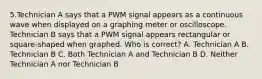 5.Technician A says that a PWM signal appears as a continuous wave when displayed on a graphing meter or oscilloscope. Technician B says that a PWM signal appears rectangular or square-shaped when graphed. Who is correct? A. Technician A B. Technician B C. Both Technician A and Technician B D. Neither Technician A nor Technician B