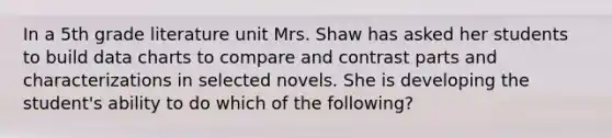 In a 5th grade literature unit Mrs. Shaw has asked her students to build data charts to compare and contrast parts and characterizations in selected novels. She is developing the student's ability to do which of the following?