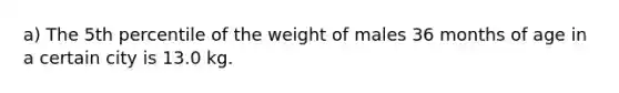 a) The 5th percentile of the weight of males 36 months of age in a certain city is 13.0 kg.