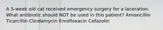 A 5-week old cat received emergency surgery for a laceration. What antibiotic should NOT be used in this patient? Amoxicillin Ticarcillin Clindamycin Enrofloxacin Cefazolin