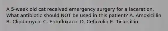 A 5-week old cat received emergency surgery for a laceration. What antibiotic should NOT be used in this patient? A. Amoxicillin B. Clindamycin C. Enrofloxacin D. Cefazolin E. Ticarcillin