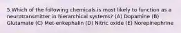 5.Which of the following chemicals is most likely to function as a neurotransmitter in hierarchical systems? (A) Dopamine (B) Glutamate (C) Met-enkephalin (D) Nitric oxide (E) Norepinephrine