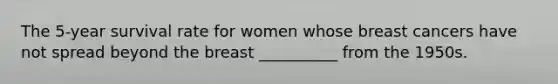 The 5-year survival rate for women whose breast cancers have not spread beyond the breast __________ from the 1950s.