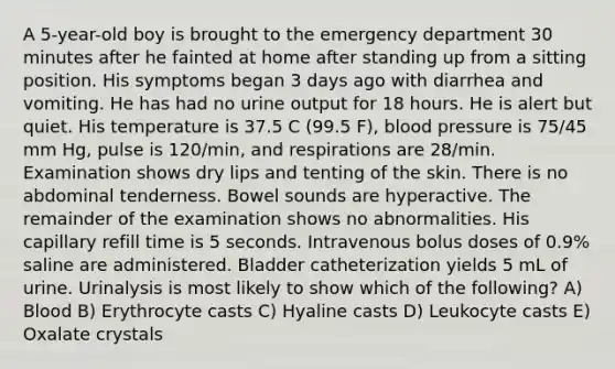 A 5-year-old boy is brought to the emergency department 30 minutes after he fainted at home after standing up from a sitting position. His symptoms began 3 days ago with diarrhea and vomiting. He has had no urine output for 18 hours. He is alert but quiet. His temperature is 37.5 C (99.5 F), blood pressure is 75/45 mm Hg, pulse is 120/min, and respirations are 28/min. Examination shows dry lips and tenting of the skin. There is no abdominal tenderness. Bowel sounds are hyperactive. The remainder of the examination shows no abnormalities. His capillary refill time is 5 seconds. Intravenous bolus doses of 0.9% saline are administered. Bladder catheterization yields 5 mL of urine. Urinalysis is most likely to show which of the following? A) Blood B) Erythrocyte casts C) Hyaline casts D) Leukocyte casts E) Oxalate crystals