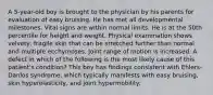 A 5-year-old boy is brought to the physician by his parents for evaluation of easy bruising. He has met all developmental milestones. Vital signs are within normal limits. He is at the 50th percentile for height and weight. Physical examination shows velvety, fragile skin that can be stretched further than normal and multiple ecchymoses. Joint range of motion is increased. A defect in which of the following is the most likely cause of this patient's condition? This boy has findings consistent with Ehlers-Danlos syndrome, which typically manifests with easy bruising, skin hyperelasticity, and joint hypermobility.