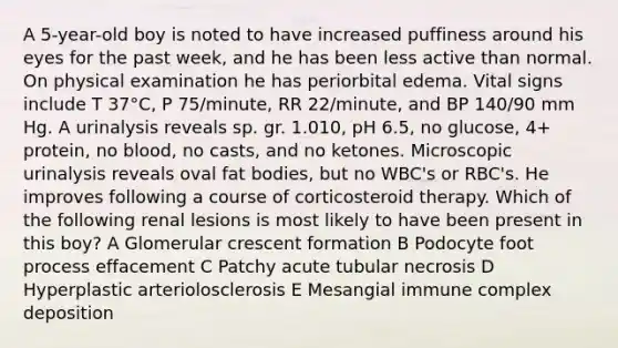 A 5-year-old boy is noted to have increased puffiness around his eyes for the past week, and he has been less active than normal. On physical examination he has periorbital edema. Vital signs include T 37°C, P 75/minute, RR 22/minute, and BP 140/90 mm Hg. A urinalysis reveals sp. gr. 1.010, pH 6.5, no glucose, 4+ protein, no blood, no casts, and no ketones. Microscopic urinalysis reveals oval fat bodies, but no WBC's or RBC's. He improves following a course of corticosteroid therapy. Which of the following renal lesions is most likely to have been present in this boy? A Glomerular crescent formation B Podocyte foot process effacement C Patchy acute tubular necrosis D Hyperplastic arteriolosclerosis E Mesangial immune complex deposition