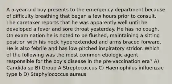 A 5-year-old boy presents to the emergency department because of difficulty breathing that began a few hours prior to consult. The caretaker reports that he was apparently well until he developed a fever and sore throat yesterday. He has no cough. On examination he is noted to be flushed, maintaining a sitting position with his neck hyperextended and arms braced forward. He is also febrile and has low-pitched inspiratory stridor. Which of the following was the most common etiologic agent responsible for the boy's disease in the pre-vaccination era? A) Candida sp B) Group A Streptococcus C) Haemophilus influenzae type b D) Staphylococcus aureus