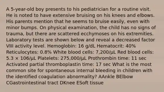 A 5-year-old boy presents to his pediatrician for a routine visit. He is noted to have extensive bruising on his knees and elbows. His parents mention that he seems to bruise easily, even with minor bumps. On physical examination, the child has no signs of trauma, but there are scattered ecchymoses on his extremities. Laboratory tests are shown below and reveal a decreased factor VIII activity level. Hemoglobin: 16 g/dL Hematocrit: 40% Reticulocytes: 0.8% White blood cells: 7,200/µL Red blood cells: 5.3 × 106/µL Platelets: 275,000/µL Prothrombin time: 11 sec Activated partial thromboplastin time: 17 sec What is the most common site for spontaneous internal bleeding in children with the identified coagulation abnormality? AAnkle BElbow CGastrointestinal tract DKnee ESoft tissue